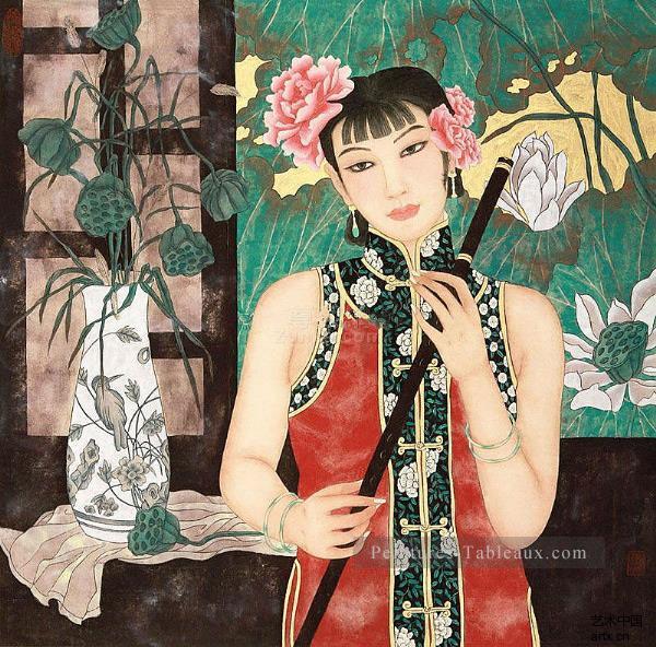 dame et lotus tradition chinoise Peintures à l'huile